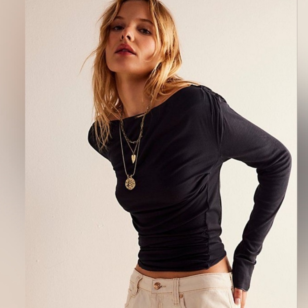 Free People Night We Met Off Shoulder Black Sleeve Top | Size S